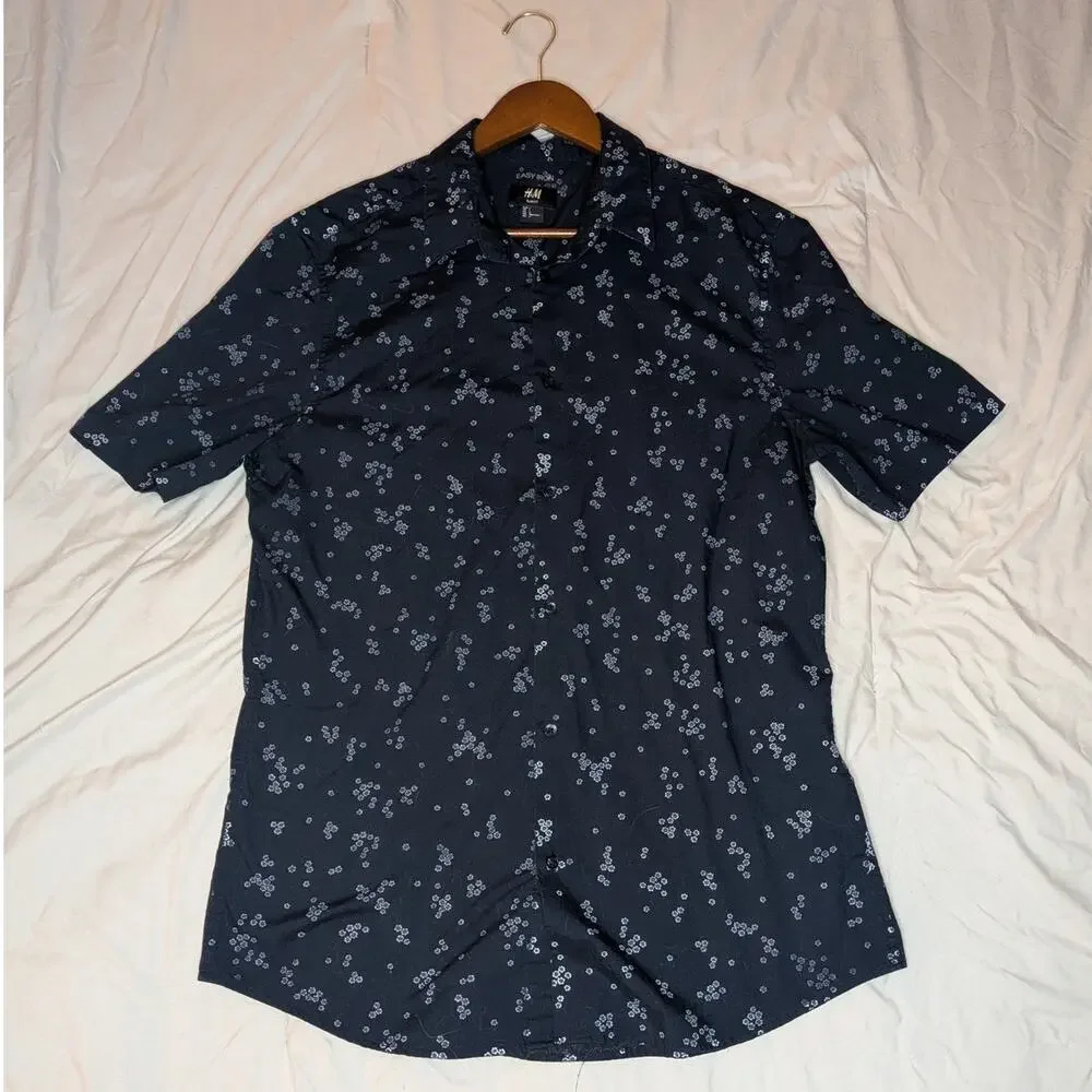 H&M Easy Iron Floral Short Sleeve Button Up Shirt Blue Men's Large